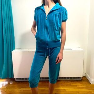 Vintage BEBE Y2K Blue Velour Tracksuit Pants Hoodie Jacket Size Small